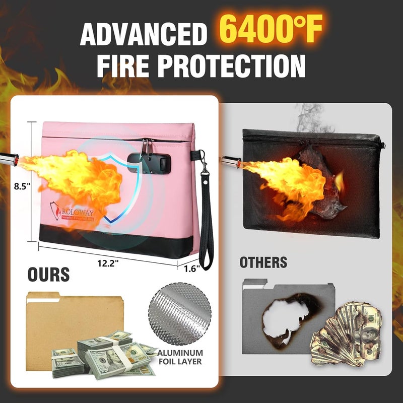 ROLOWAY Fireproof Money Bag with Lock for Cash, 6400°F Fire Proof Document Bag (12.2 x 8.5 x 1.6 inches), Money Pouch with Zipper (Pink) - Image 4